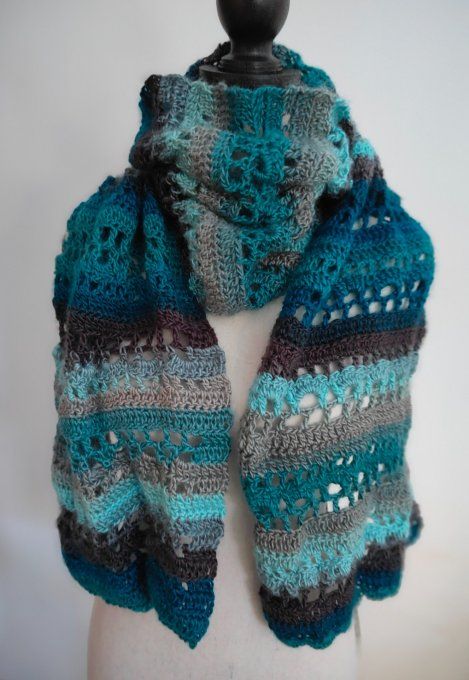 grande écharpe chaude turquoise/gris